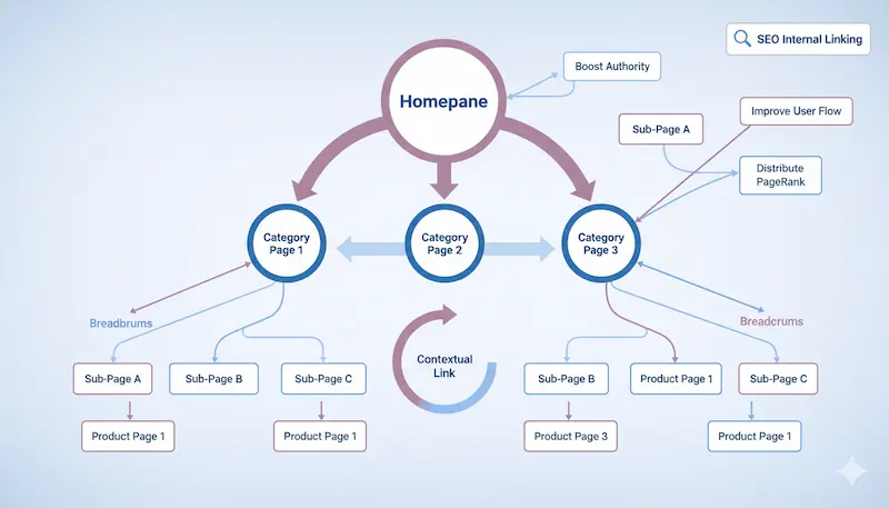 Visual diagram of website internal linking structure boosting SEO